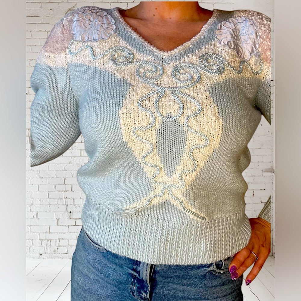 Vintage 80s Pastel Jaclyn Smith Knit Puff Sleeve Bow Sweater Floral Fuzzy Medium